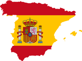 Spanien als Scherenschnitt in rot und gelb mit Flagge und Wappen